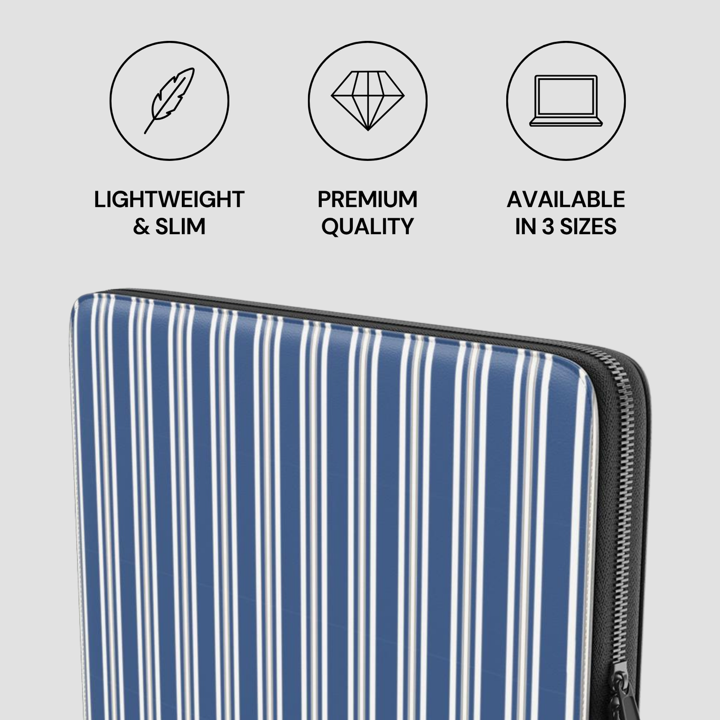 Striped laptop sleeve with icons and text on a gray background