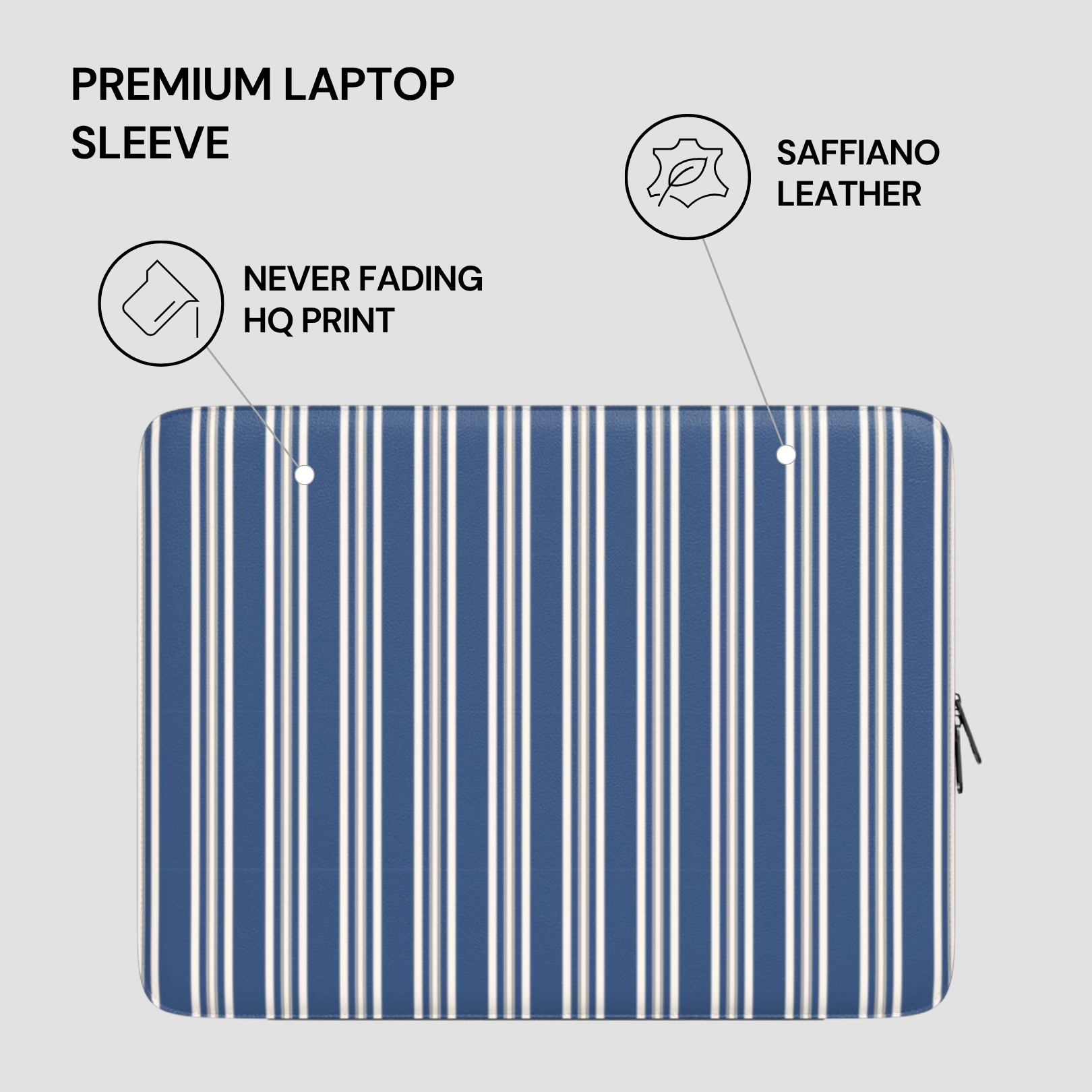 Blue and white striped laptop sleeve with text highlighting features on a gray background