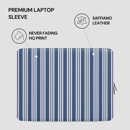Blue and white striped laptop sleeve with text highlighting features on a gray background