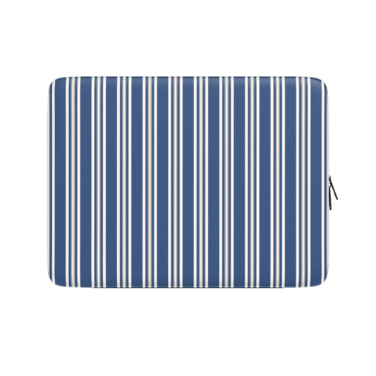 Rectangular mat with blue and white vertical stripes on a white background