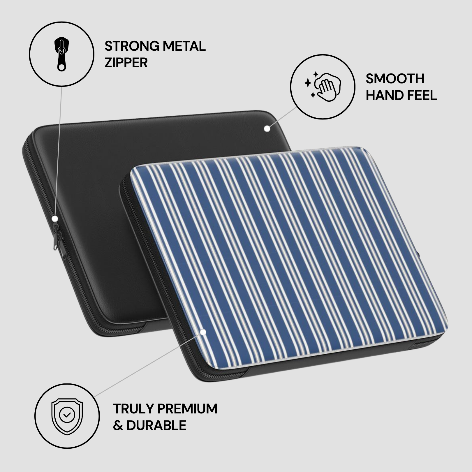 Blue striped laptop case with black metal zipper on a light gray background