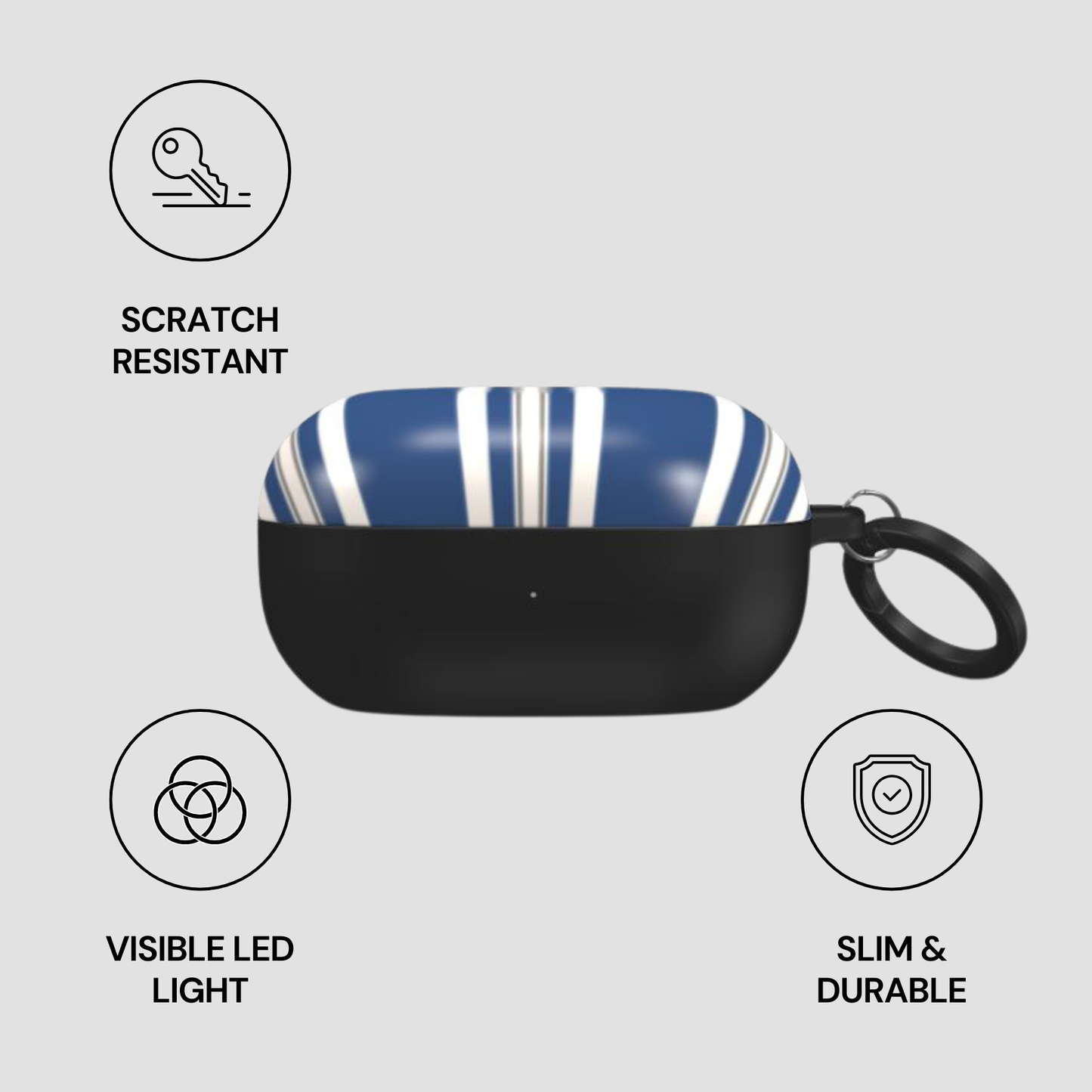 Black pet waste bag holder with striped blue and white bag, featuring scratch resistance, visible LED light, and slim durability icons on a gray background.
