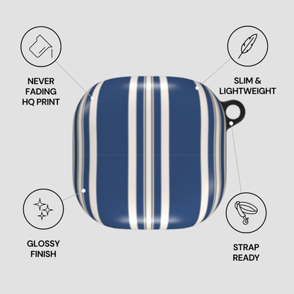 Blue and white striped pouch with features listed on a gray background