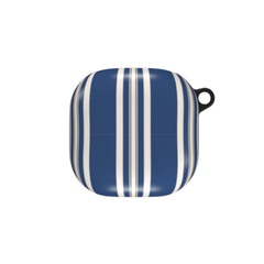 Blue and white striped cushion with a black handle on a white background