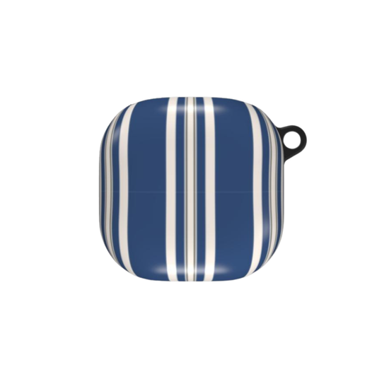 Blue and white striped cushion with a black handle on a white background