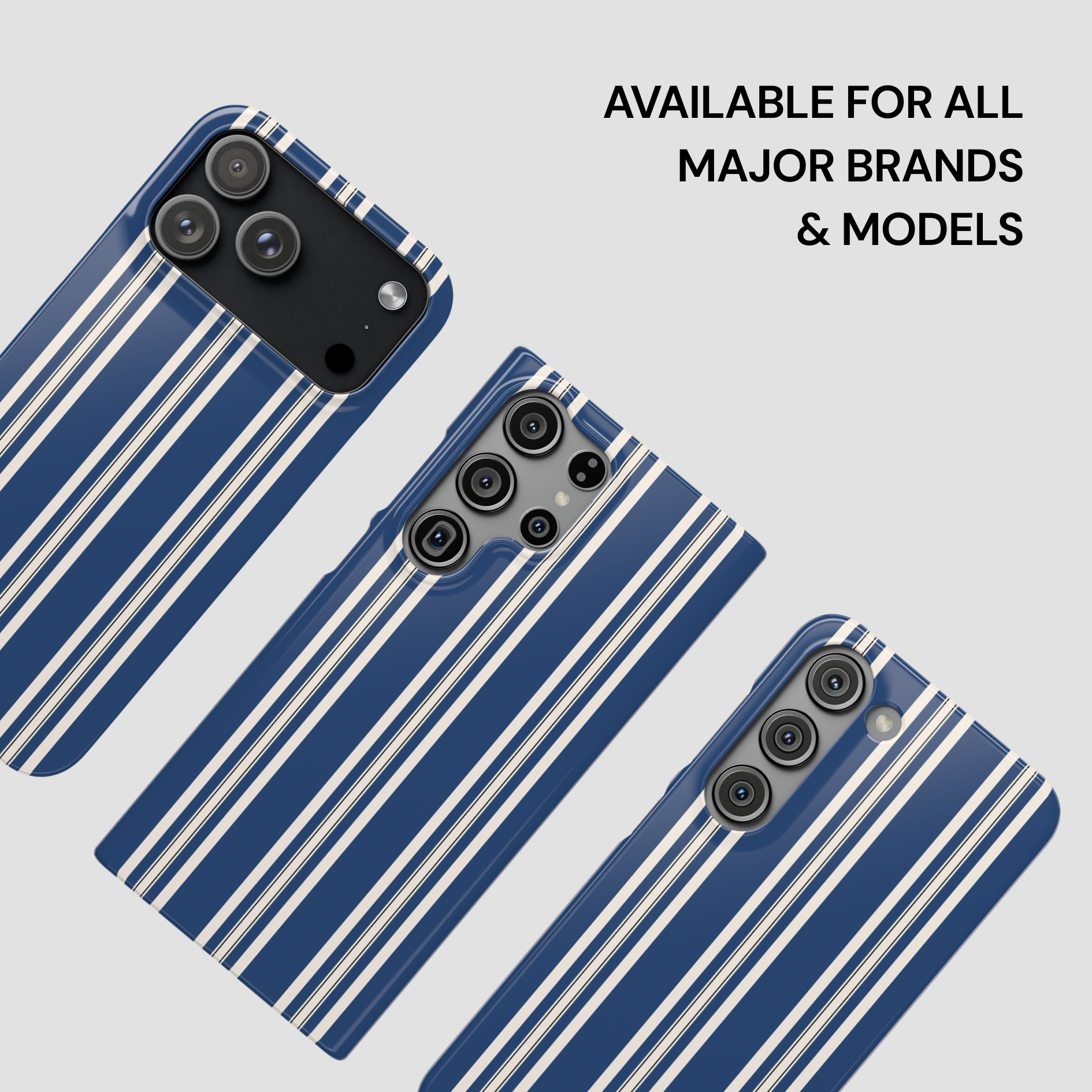 Blue and white striped phone cases on a light gray background with text 'Available for all major brands & models'.
