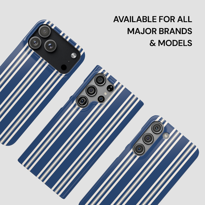 Blue and white striped phone cases on a light gray background with text 'Available for all major brands & models'.