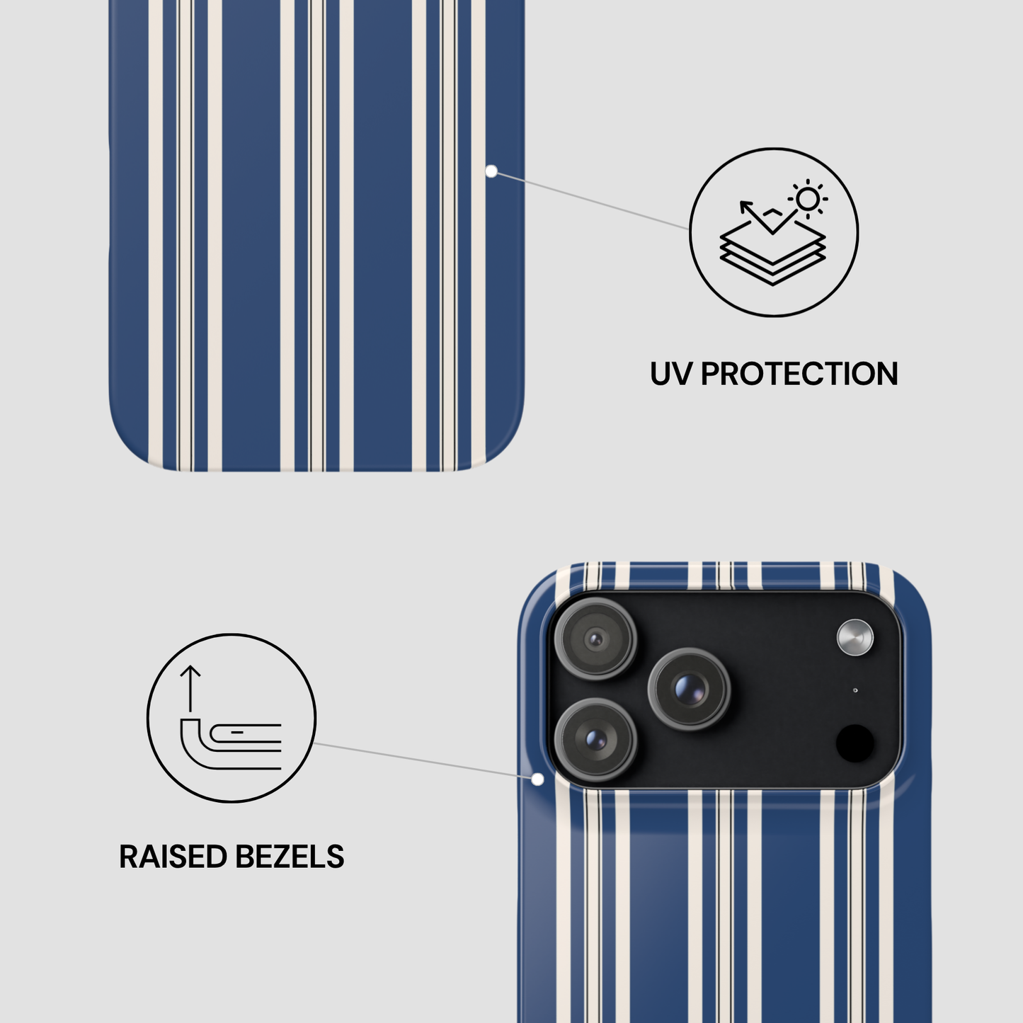 Phone case with blue and white striped pattern and UV protection and raised bezels features.