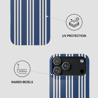 Phone case with blue and white striped pattern and UV protection and raised bezels features.