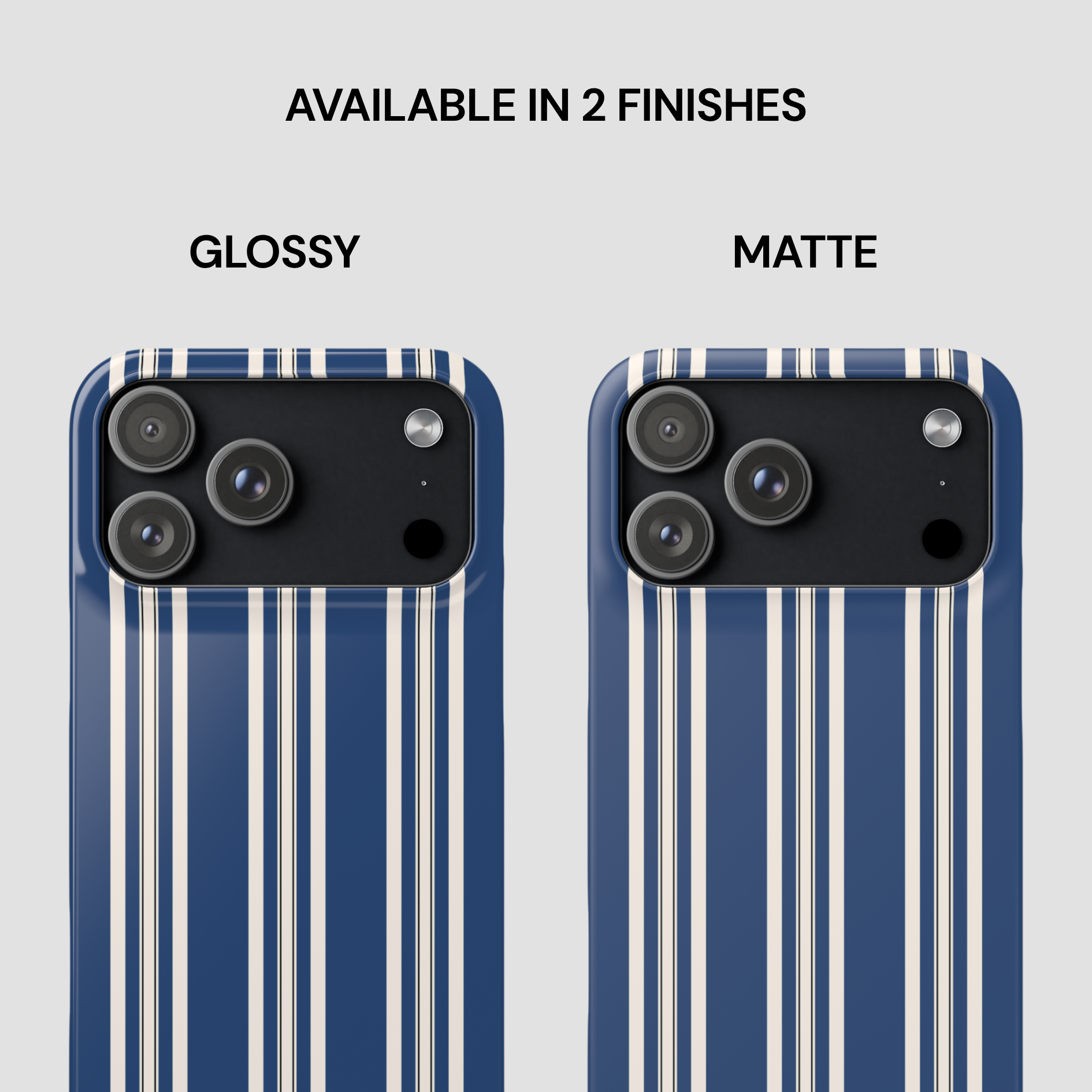 Two phone cases with blue and white striped pattern, one glossy and one matte, on a light gray background.