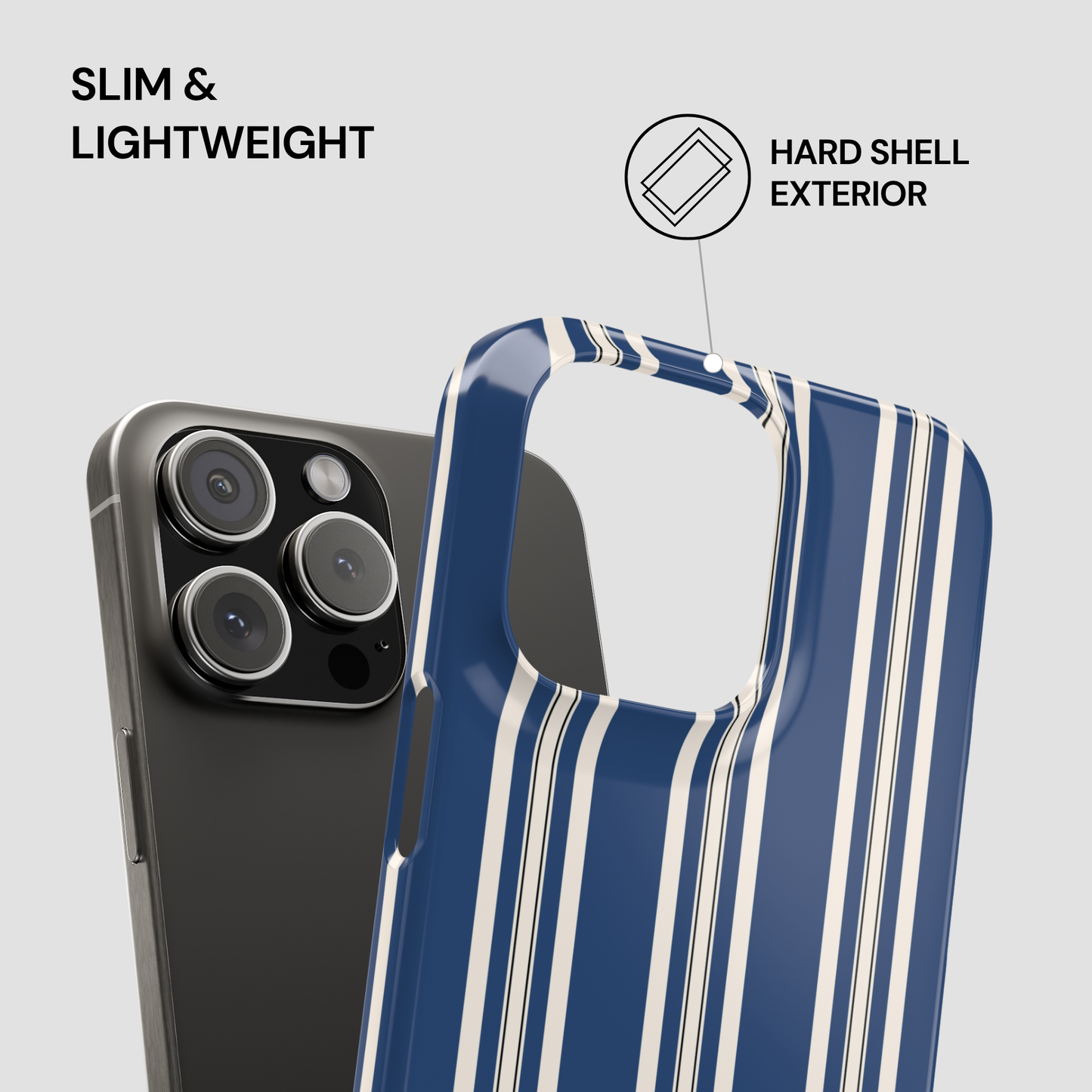 Blue and white striped phone case with smartphone on gray background