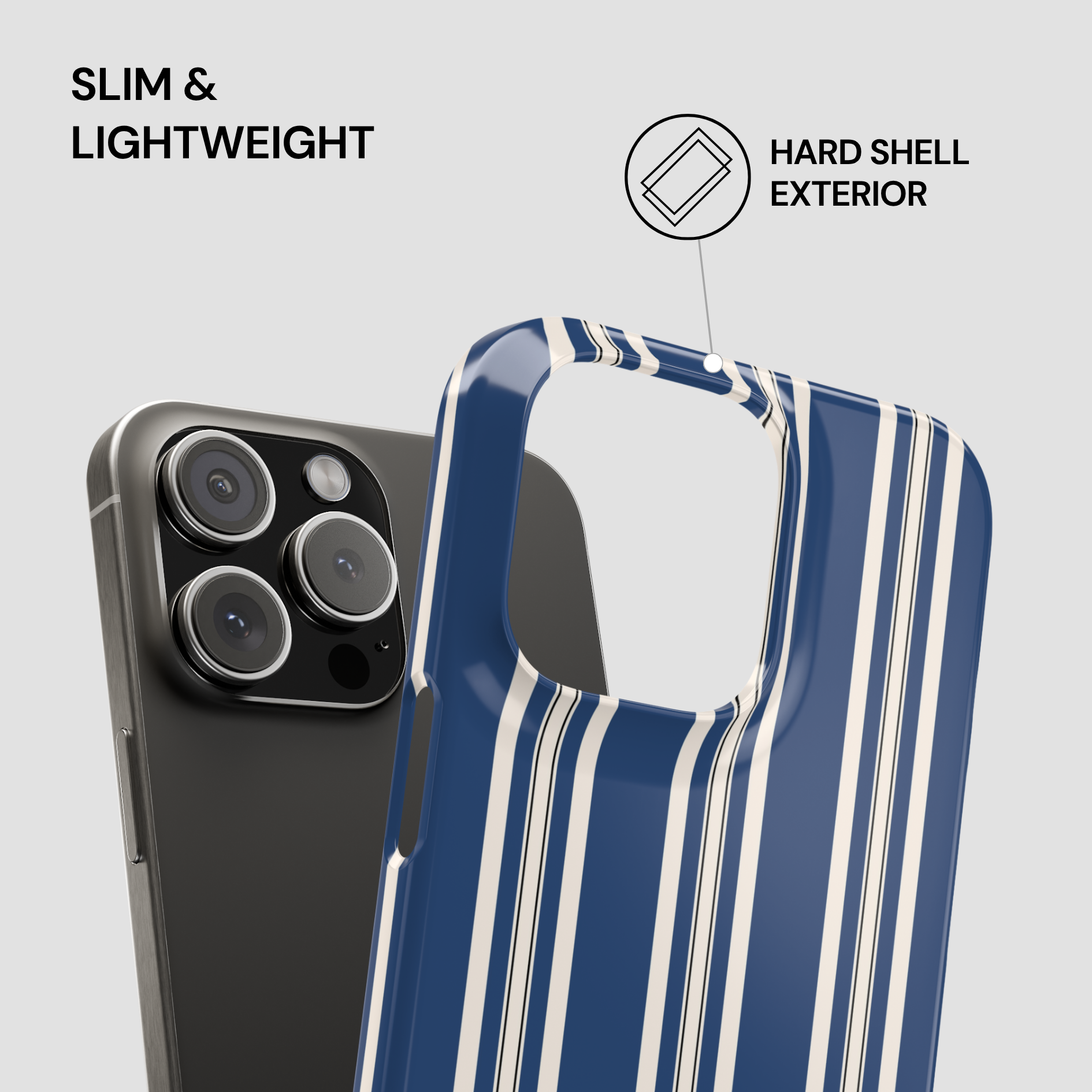 Blue and white striped phone case with smartphone on gray background
