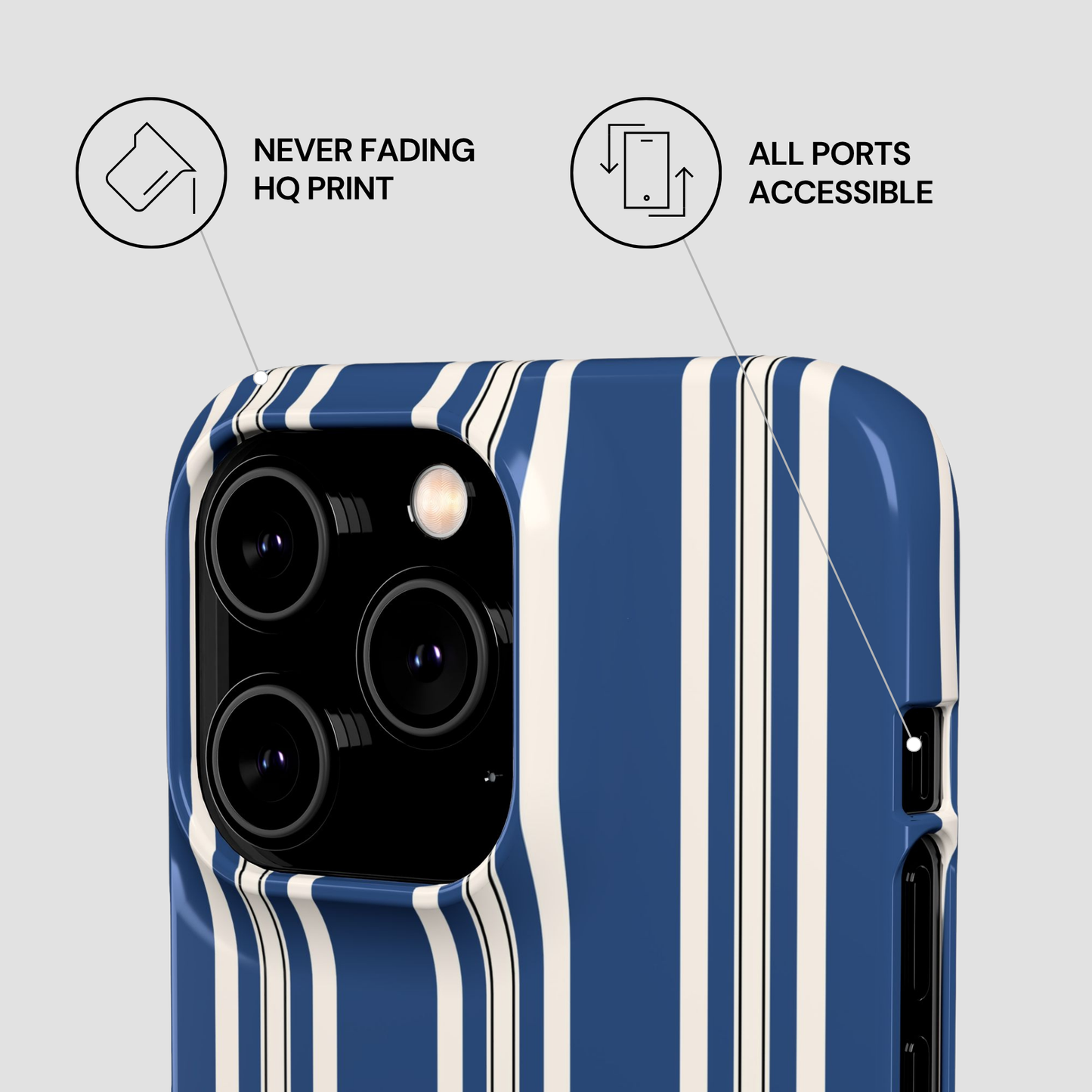 Blue and white striped phone case with features highlighted on a gray background