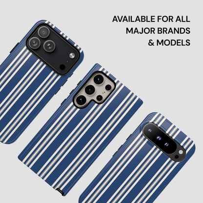 Blue and white striped phone cases on a light gray background with text 'Available for all major brands & models'.