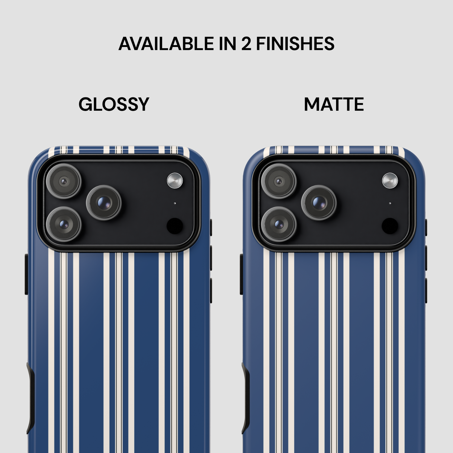 Two phone cases with blue and white striped design, one glossy and one matte, on a light gray background.