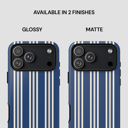Two phone cases with blue and white striped design, one glossy and one matte, on a light gray background.