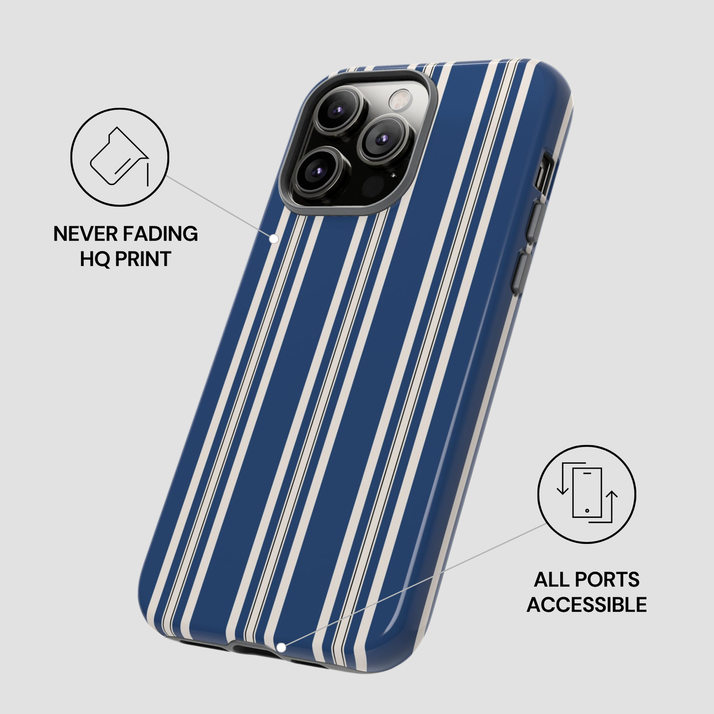 Blue and white striped phone case with features highlighted on a light gray background