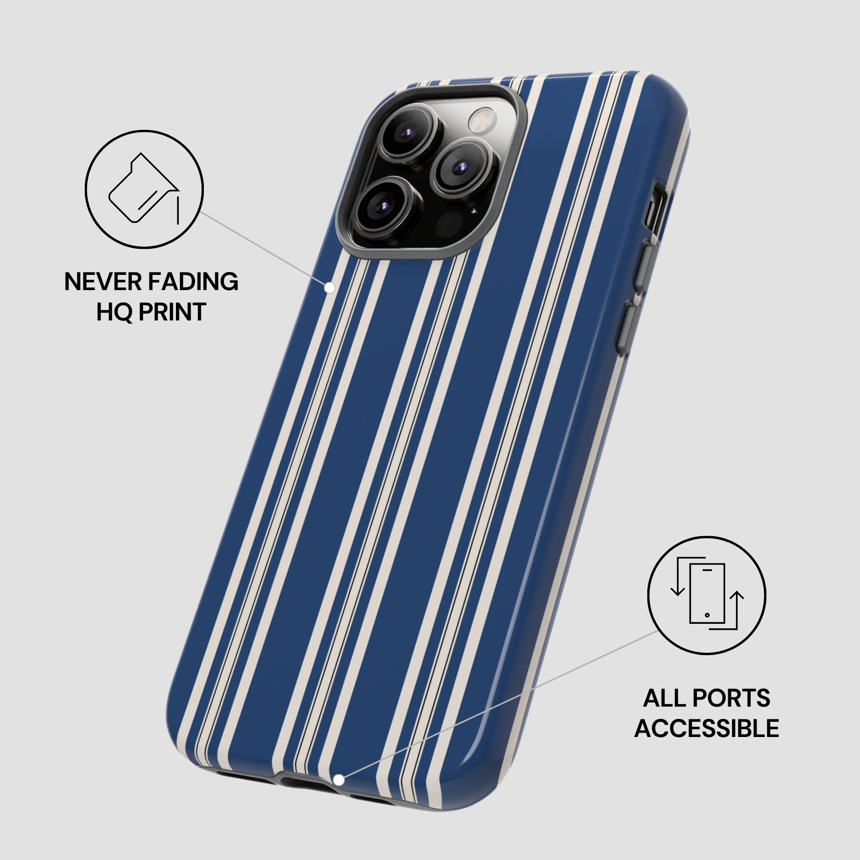 Blue and white striped phone case with features highlighted on a light gray background