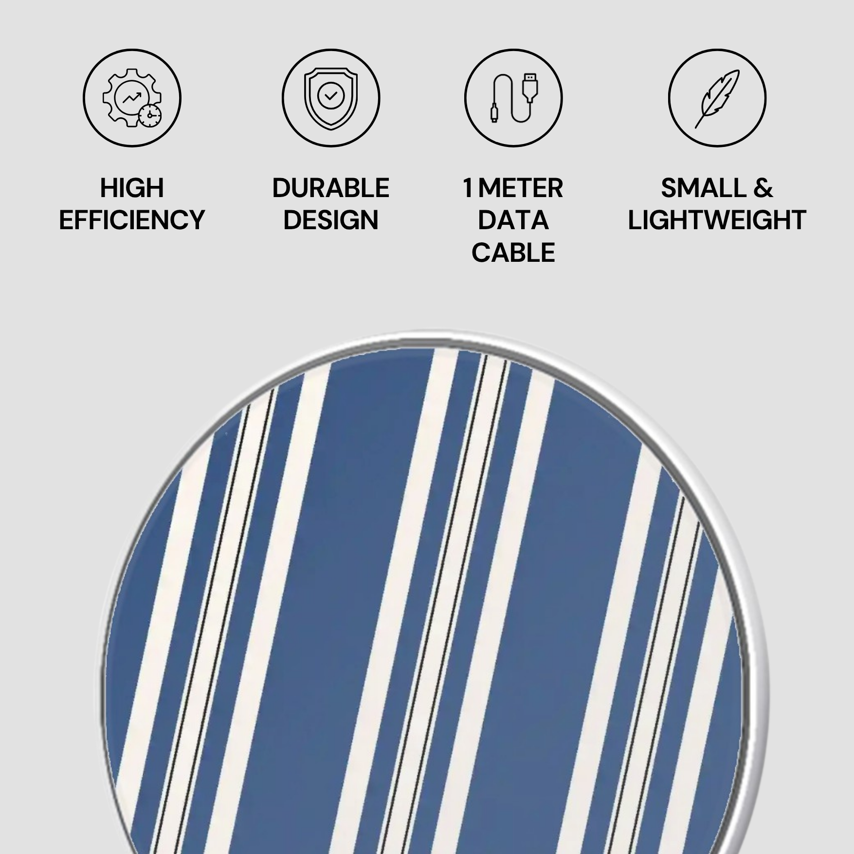 Striped product with icons and text on a gray background