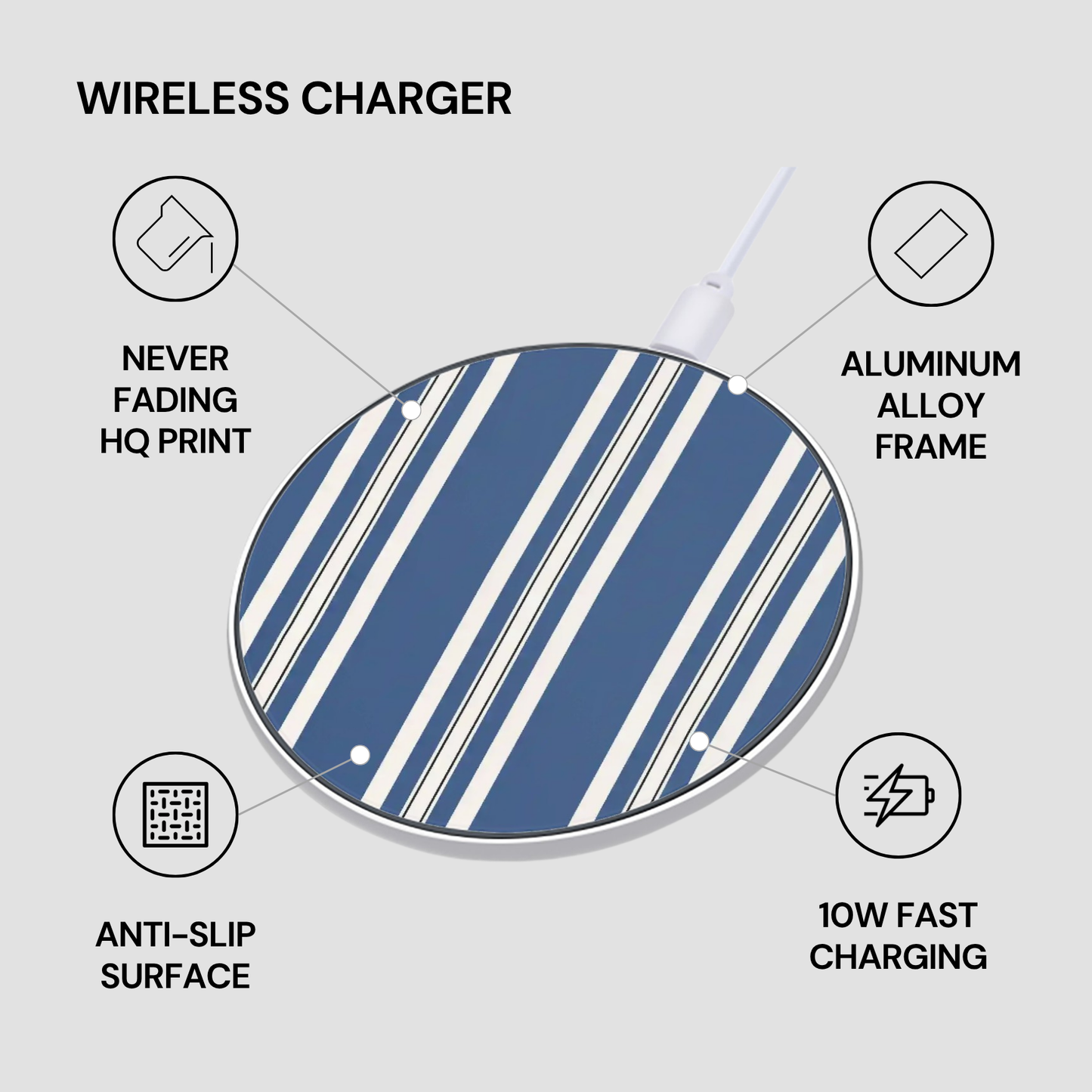 Wireless charger with features listed on a gray background