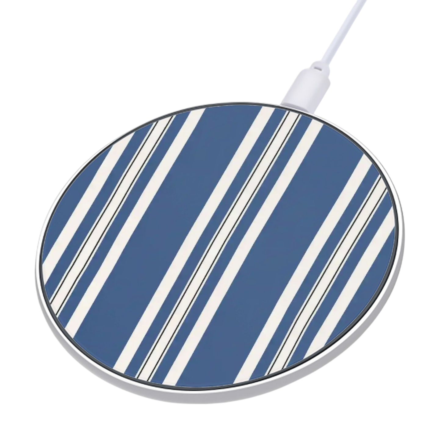Round wireless charging pad with blue and white striped design on a white background