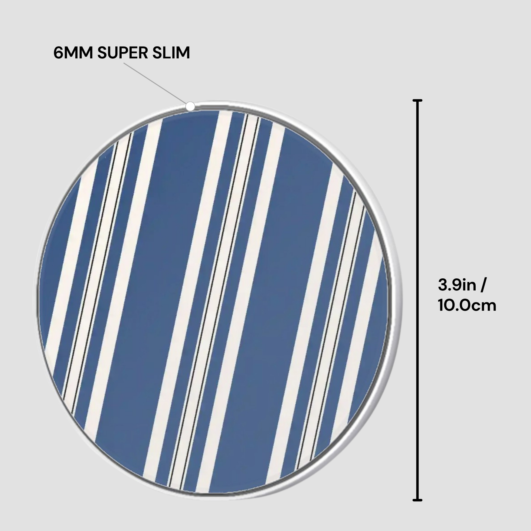 Blue and white striped circular object with dimensions labeled on a gray background