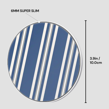 Blue and white striped circular object with dimensions labeled on a gray background