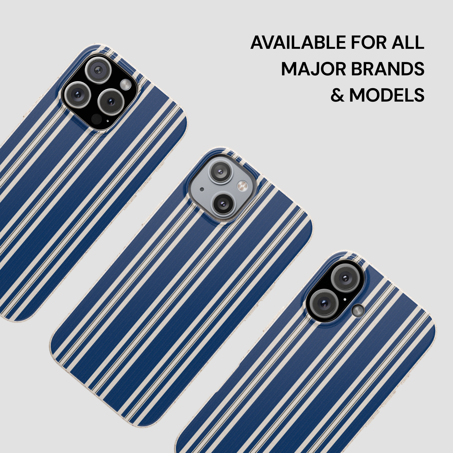 Three blue and white striped phone cases on a light gray background with text 'Available for all major brands & models'.