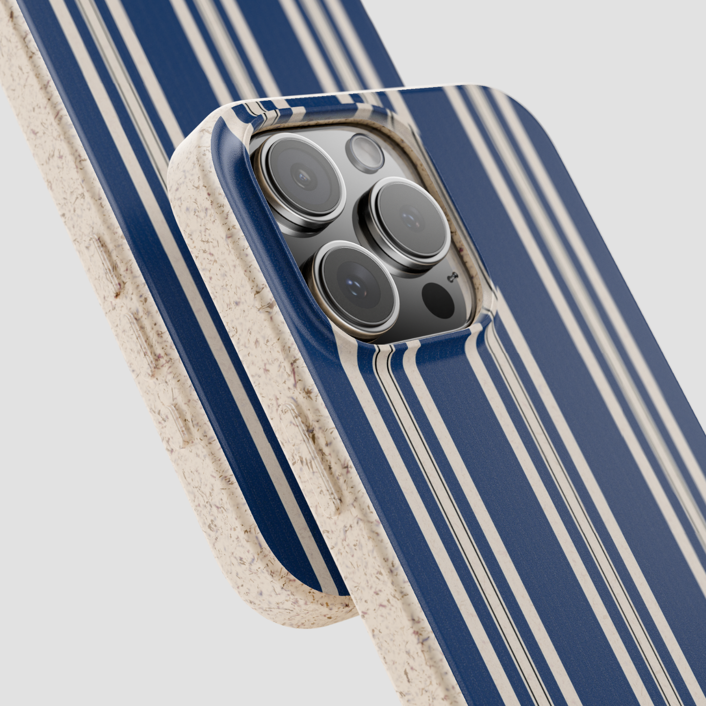 Phone case with blue and beige striped design on a white background