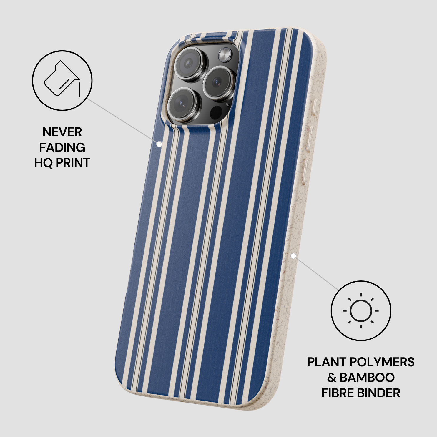 Phone case with blue and white striped design on a light gray background