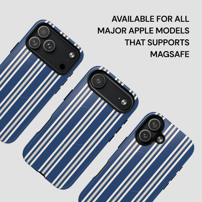 Blue striped phone case with text indicating compatibility for Apple models supporting MagSafe.
