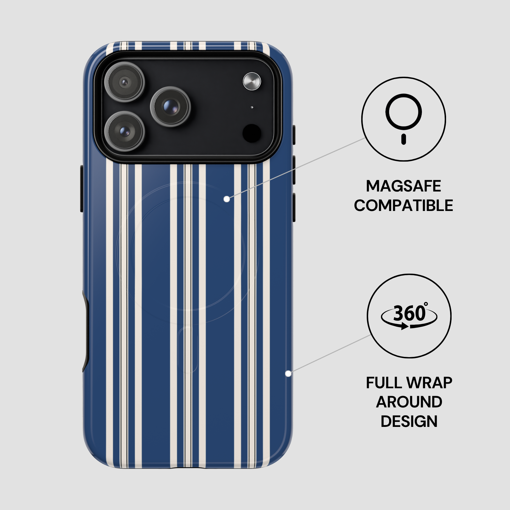 Phone case with blue and white stripes and Magsafe compatibility features on a gray background