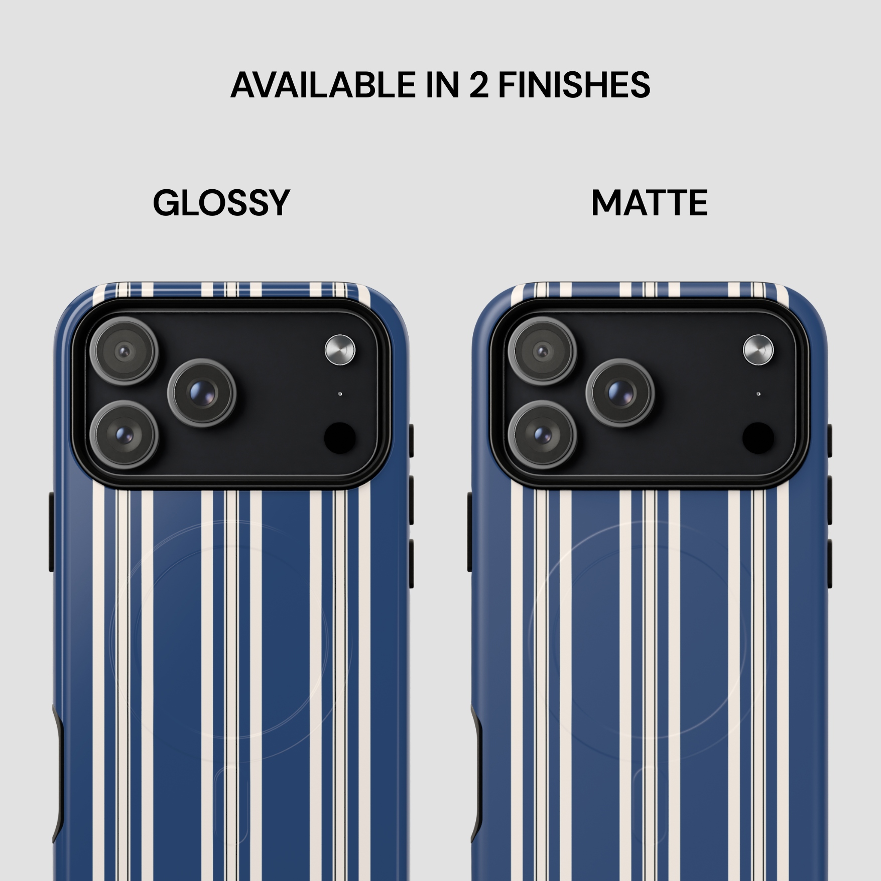 Two phone cases with blue and white striped design, one glossy and one matte, on a light gray background.