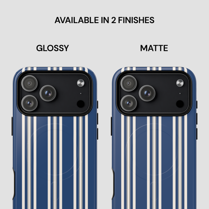 Two phone cases with blue and white striped design, one glossy and one matte, on a light gray background.