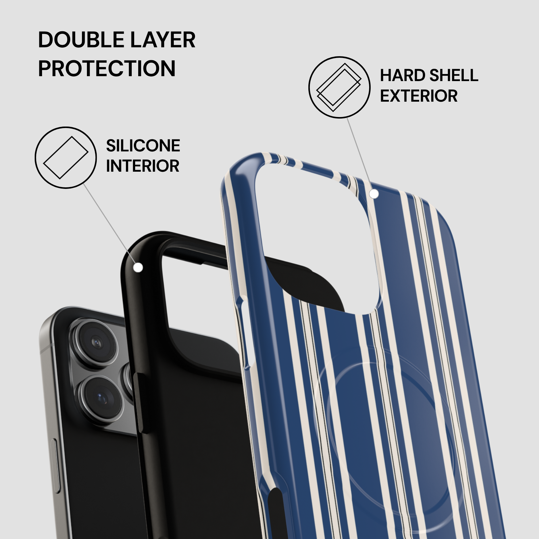 Phone case with double layer protection features on a white background