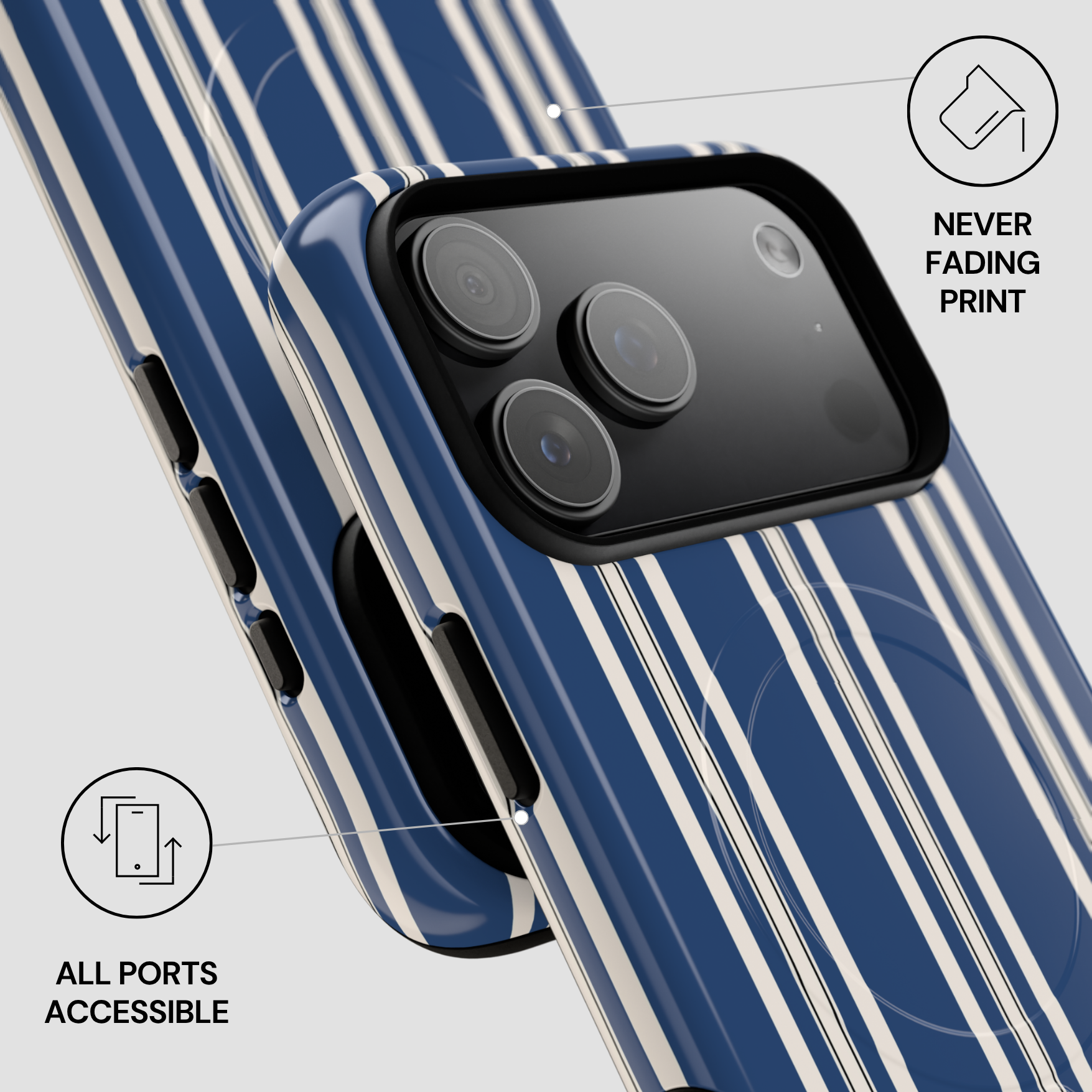 Blue phone case with camera and port accessibility features on a white background
