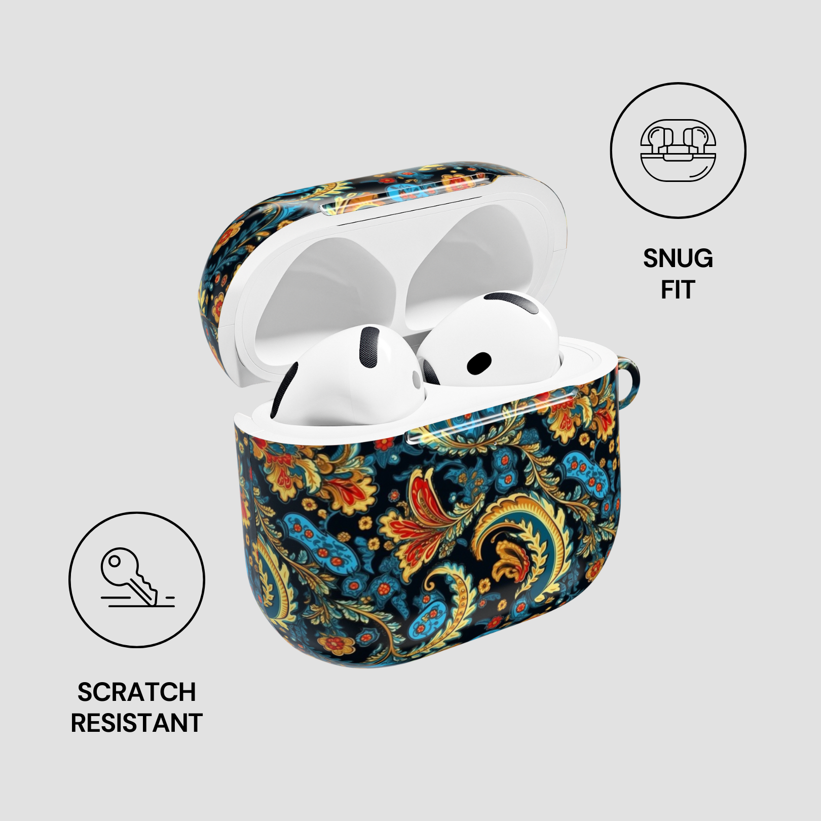 Wireless earbuds in a colorful case with 'Snug Fit' and 'Scratch Resistant' features on a light gray background.