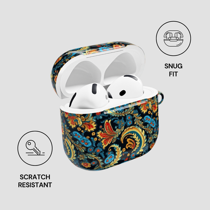 Wireless earbuds in a colorful case with 'Snug Fit' and 'Scratch Resistant' features on a light gray background.