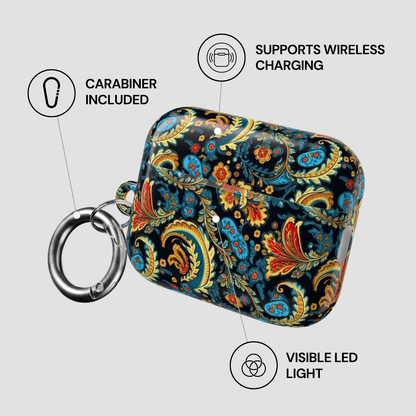Decorative case with paisley pattern, carabiner, wireless charging support, and LED light feature on a gray background.