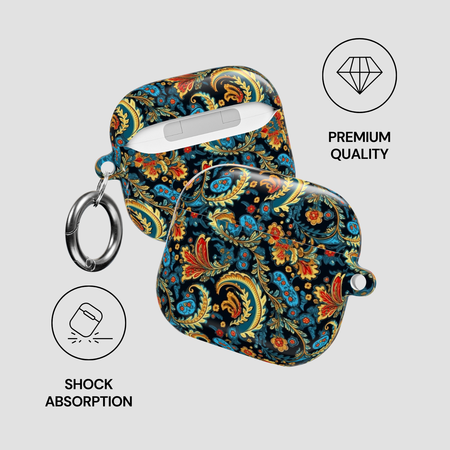 Decorative case with paisley pattern and keychain on a light gray background