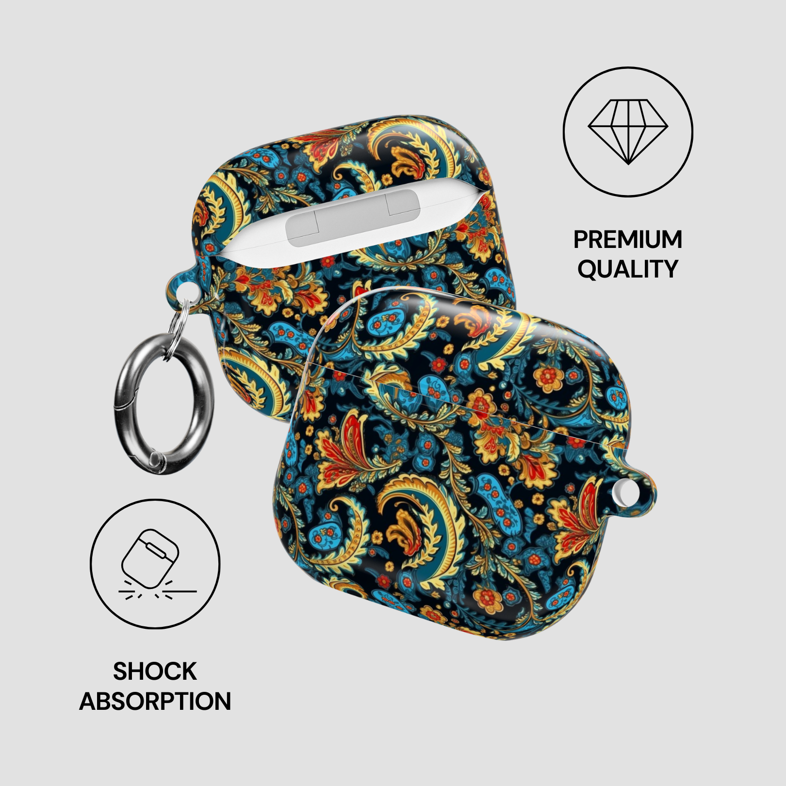 Decorative case with paisley pattern and keychain on a light gray background