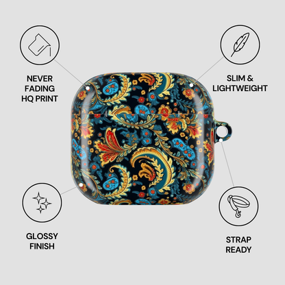 Decorative case with paisley pattern on a gray background with feature icons.