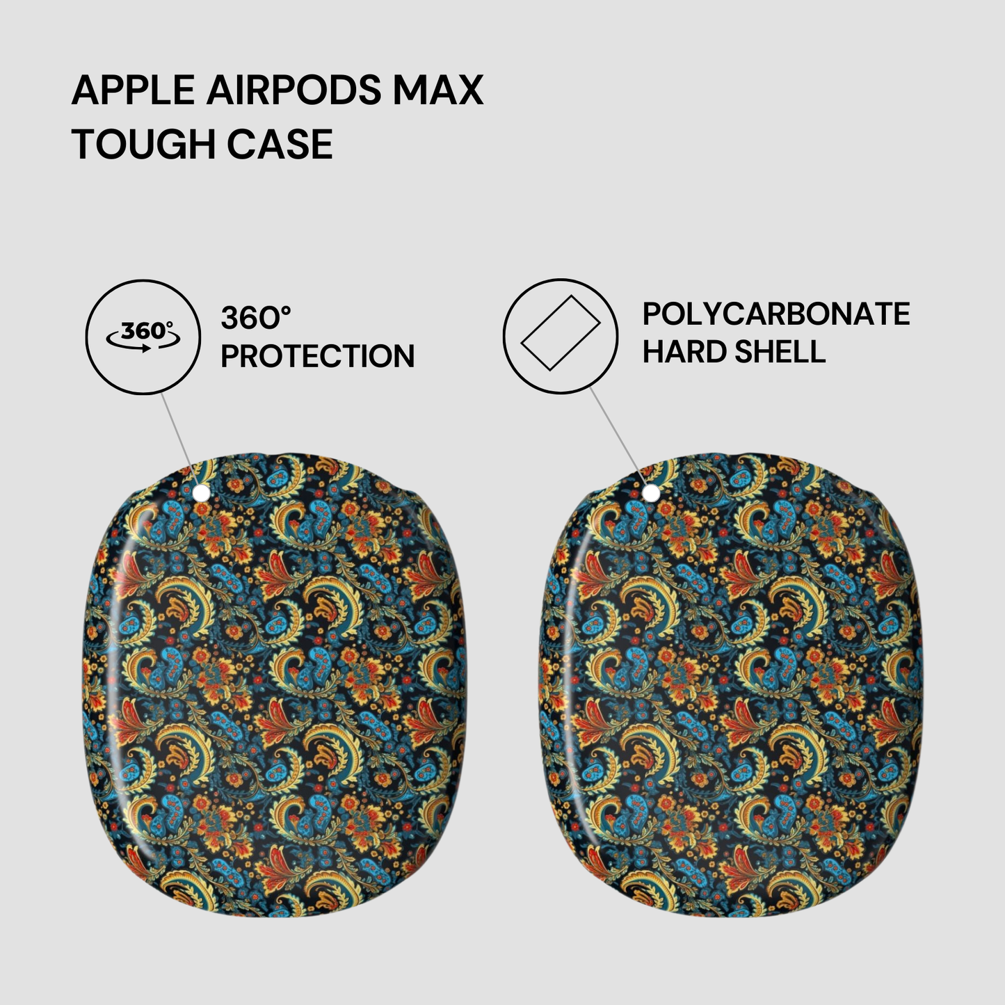 Patterned tough case for Apple AirPods Max with text highlighting features on a light gray background