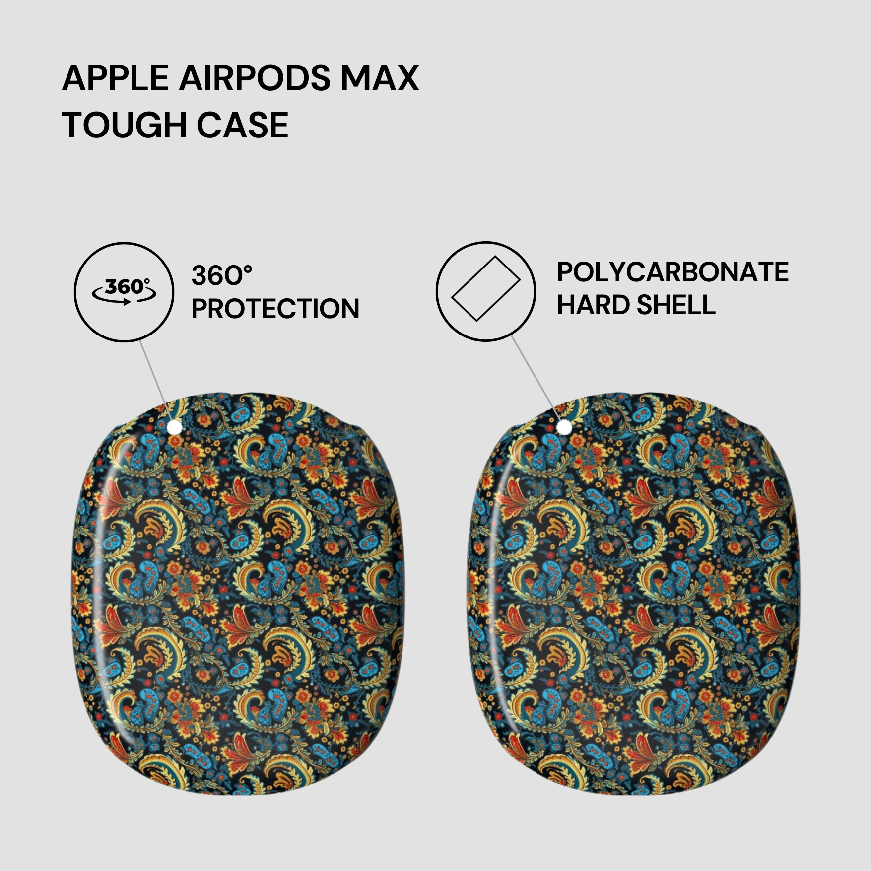 Patterned tough case for Apple AirPods Max with text highlighting features on a light gray background