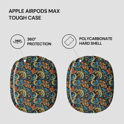 Patterned tough case for Apple AirPods Max with text highlighting features on a light gray background