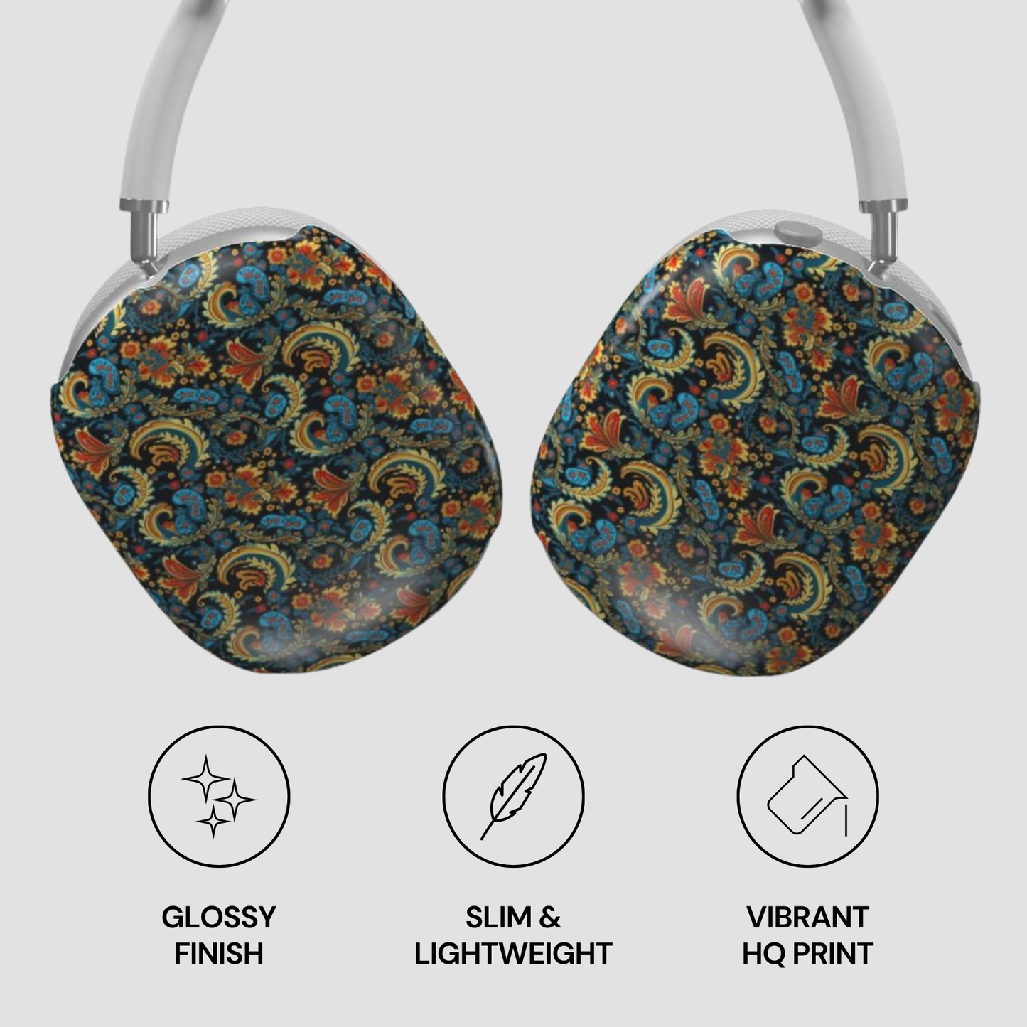 Patterned headphones with glossy finish, slim design, and vibrant HQ print on a white background.