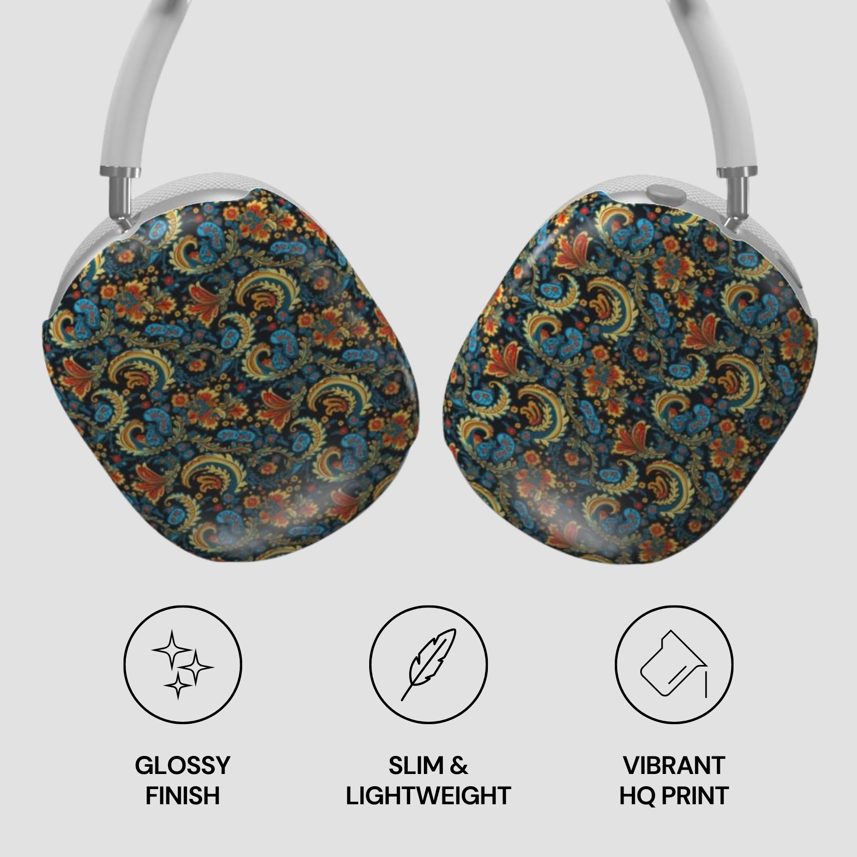 Patterned headphones with glossy finish, slim design, and vibrant HQ print on a white background.
