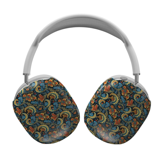 Headphones with floral patterned ear covers on a white background