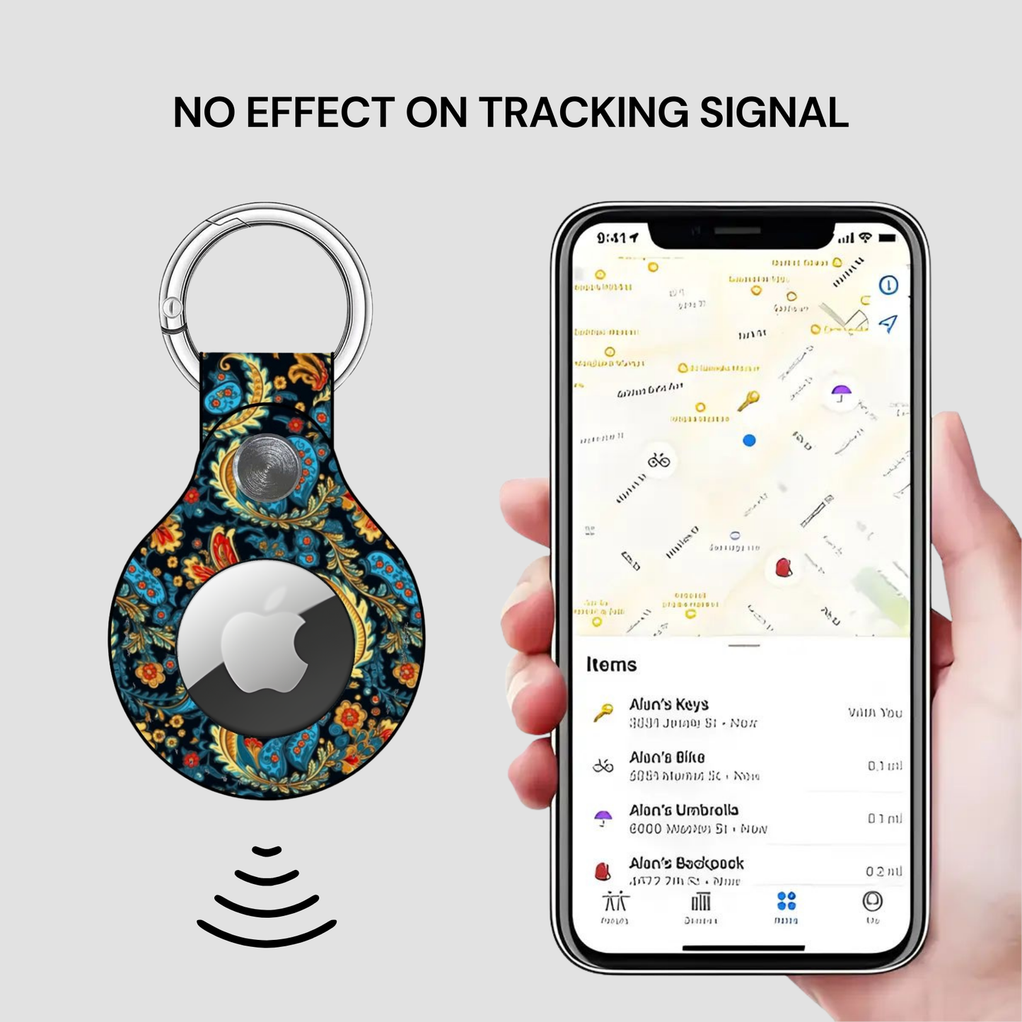 Smart keychain with floral design and phone displaying location app on a light gray background