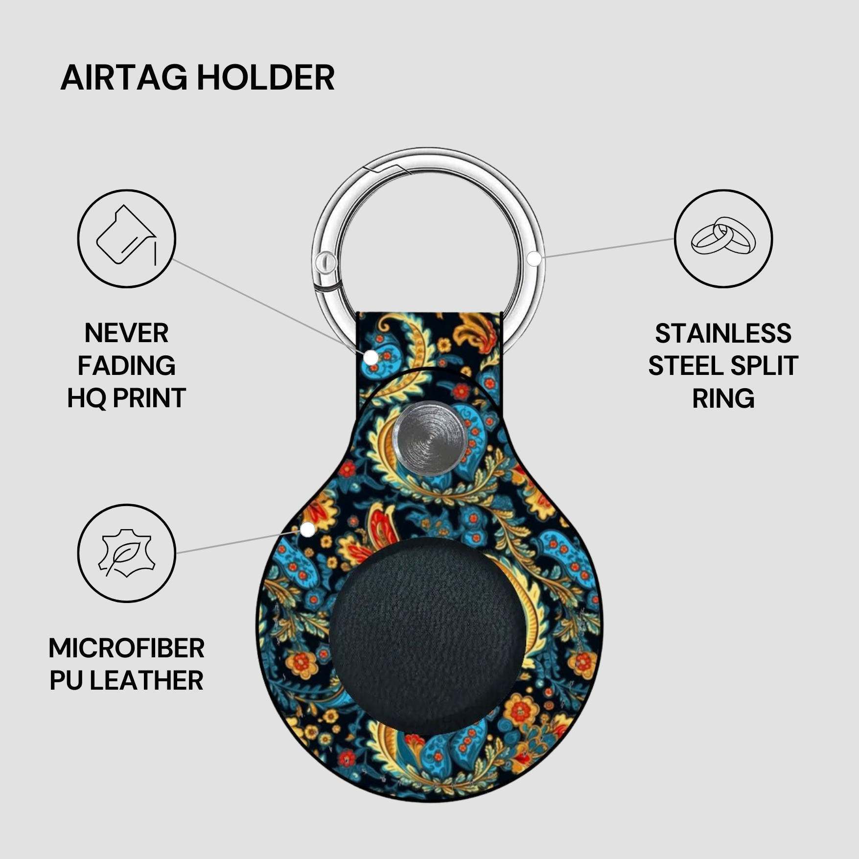 Airtag holder with floral design on a gray background